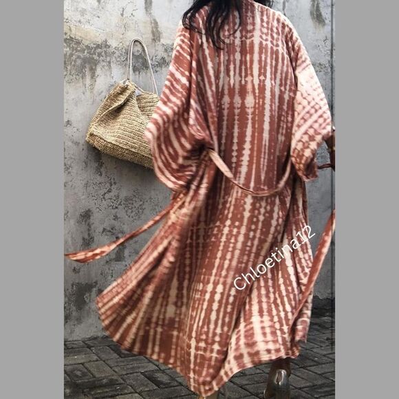 NEW Rusted Red Open Front Long Kimono Duster Loose Swimsuit Beach Cover up - Picture 4 of 8
